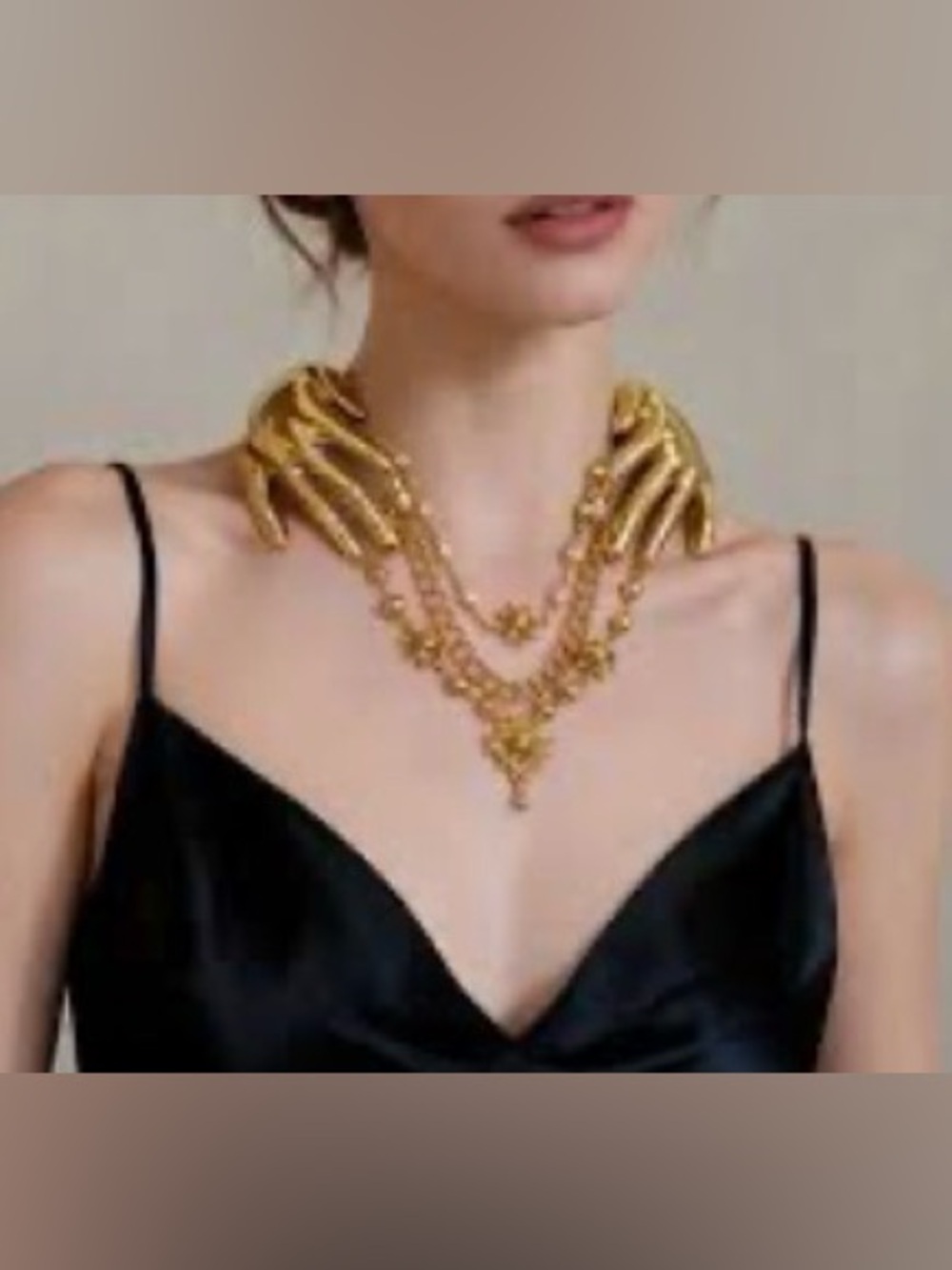 Gold Multi-Layer Statement Necklace - Sculpted Hand Design #142